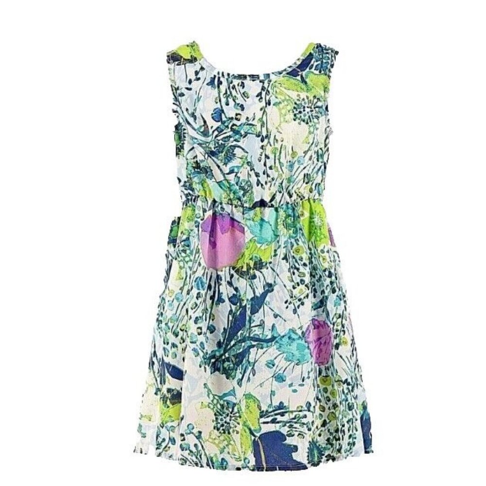Mia Chica XXS/4 Blue Green Cream Multi Polyester Open Back Girls Dress